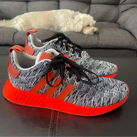 Adidas NMD_R2 Runner Boost White Grey Orange CQ0720 M-10 Customized Neon Orange - Picture 2 of 8